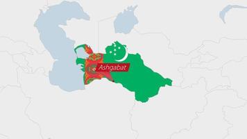 turkmenistan kaart gemarkeerd in turkmenistan vlag kleuren en pin van land hoofdstad asjchabad. vector