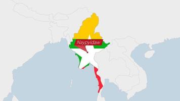 Myanmar kaart gemarkeerd in Myanmar vlag kleuren en pin van land hoofdstad naypyitaw. vector