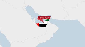 Verenigde Arabisch emiraten kaart gemarkeerd in uae vlag kleuren en pin van land hoofdstad abu dhabi. vector