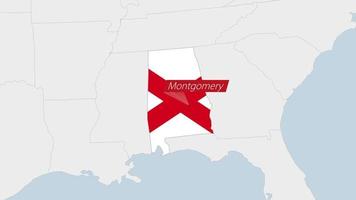 ons staat Alabama kaart gemarkeerd in Alabama vlag kleuren en pin van land hoofdstad Montgomery. vector