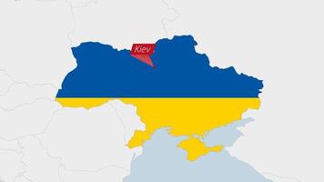 Oekraïne kaart gemarkeerd in Oekraïne vlag kleuren en pin van land hoofdstad kiev. vector