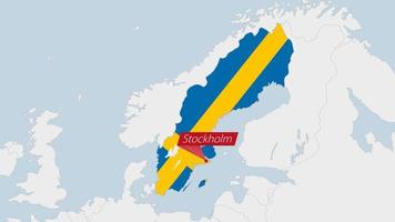 Zweden kaart gemarkeerd in Zweden vlag kleuren en pin van land hoofdstad Stockholm. vector