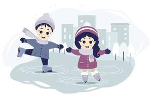 kinderen winter. een jongen en een meisje schaatsen op een ijsbaan in de stad op een blauwe achtergrond met een stadsgezicht, huizen en bomen. vector