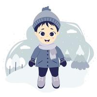 kinderen winter. gelukkige jongen op een winterse wandeling in de natuur staat op een blauwe achtergrond met bomen, wolken en sneeuw. vector