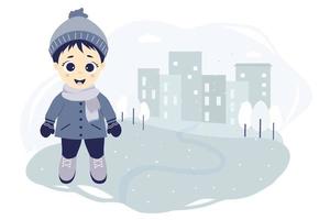 kinderen winter. een schattige jongen op een winterwandeling in de stad staat op een blauwe achtergrond met huizen, bomen en sneeuwvlokken. vector