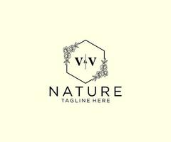 eerste vv brieven botanisch vrouwelijk logo sjabloon bloemen, bewerkbare premade monoline logo geschikt, luxe vrouwelijk bruiloft branding, zakelijk. vector