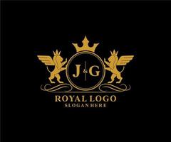 eerste jg brief leeuw Koninklijk luxe heraldisch, wapen logo sjabloon in vector kunst voor restaurant, royalty, boetiek, cafe, hotel, heraldisch, sieraden, mode en andere vector illustratie.
