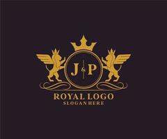 eerste jp brief leeuw Koninklijk luxe heraldisch, wapen logo sjabloon in vector kunst voor restaurant, royalty, boetiek, cafe, hotel, heraldisch, sieraden, mode en andere vector illustratie.