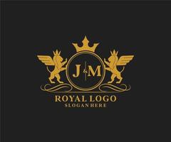 eerste jm brief leeuw Koninklijk luxe heraldisch, wapen logo sjabloon in vector kunst voor restaurant, royalty, boetiek, cafe, hotel, heraldisch, sieraden, mode en andere vector illustratie.