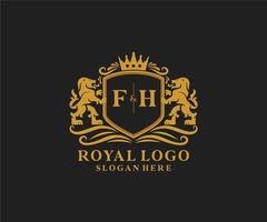 eerste fh brief leeuw Koninklijk luxe logo sjabloon in vector kunst voor restaurant, royalty, boetiek, cafe, hotel, heraldisch, sieraden, mode en andere vector illustratie.