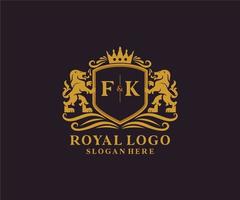 eerste fk brief leeuw Koninklijk luxe logo sjabloon in vector kunst voor restaurant, royalty, boetiek, cafe, hotel, heraldisch, sieraden, mode en andere vector illustratie.