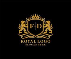 eerste fd brief leeuw Koninklijk luxe logo sjabloon in vector kunst voor restaurant, royalty, boetiek, cafe, hotel, heraldisch, sieraden, mode en andere vector illustratie.