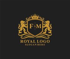 eerste fm brief leeuw Koninklijk luxe logo sjabloon in vector kunst voor restaurant, royalty, boetiek, cafe, hotel, heraldisch, sieraden, mode en andere vector illustratie.