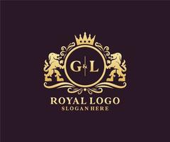 eerste gl brief leeuw Koninklijk luxe logo sjabloon in vector kunst voor restaurant, royalty, boetiek, cafe, hotel, heraldisch, sieraden, mode en andere vector illustratie.