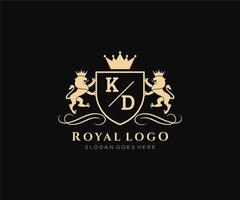 eerste kd brief leeuw Koninklijk luxe heraldisch, wapen logo sjabloon in vector kunst voor restaurant, royalty, boetiek, cafe, hotel, heraldisch, sieraden, mode en andere vector illustratie.