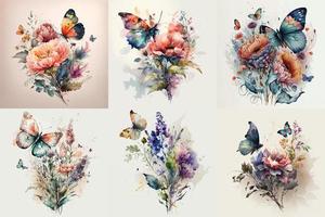 vlinder waterverf set, bloemen illustratie, bloemen bloem, bloemen bundel vector