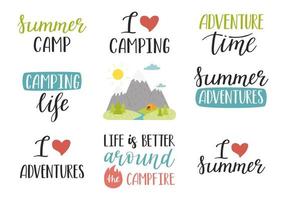 een reeks van handgeschreven zinnen voor zomer, vakantie, toerisme, hiking, avontuur, camping. hand- belettering en berg landschap. tekst element voor kaarten, affiches. kleur vlak vector illustratie Aan wit