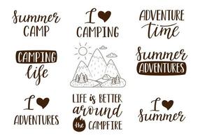 een reeks van handgeschreven zinnen voor zomer, vakantie, toerisme, hiking, avontuur, camping. hand- belettering en berg landschap. tekst elementen. zwart en wit vlak vector illustratie geïsoleerd Aan wit