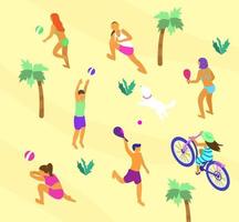 isometrische strand tafereel met veel van verschillend mensen aan het doen zomer sport. zomer buitenshuis activiteiten. strand salvo, yoga Aan de strand, raket bal, fiets rijden. vector illustratie