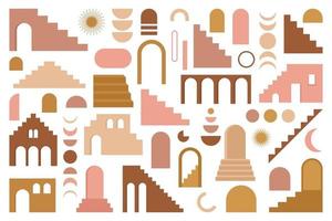 trendy eigentijdse set van esthetische geometrie-architectuur, Marokkaanse trappen, muren, boog, boog, vazen. vector boho posters voor wanddecoratie in vintage stijl uit het midden van de eeuw