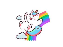 tekenfilm schattig kawaii caticorn rijden Aan regenboog vector