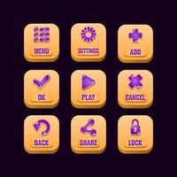 verzameling set vierkante houten knoppen met gelei pictogrammen voor game ui asset elementen vector illustratie