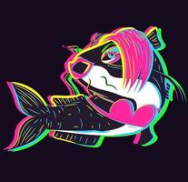 neon vectorkunst met een kleurrijke meerval met make-up die een roze bustehouder draagt. mooie vis met lippenstift en oogschaduw zwemmen en een kus geven. vector