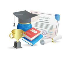 diploma uitreiking pet, diploma, diploma, boeken en trofee. vector illustratie