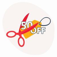 50 procent korting pictogram. verkoop label tag met een schaar. zwarte vrijdag winkelen. vector illustratie