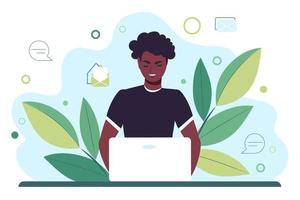 jonge Afro-Amerikaanse man werkt achter een laptopmonitor. afstandsonderwijs, online of op afstand werken. platte vectorillustratie vector