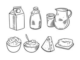 melk Product set. hand- tekening schetsen vector illustratie. zwart kleur gravure stijl.