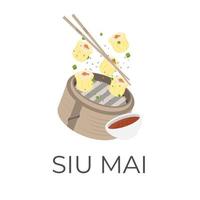 logo illustratie van shumai siu mai siomai knoedels in een bamboe stoomboot met saus vector