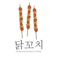 Koreaans straat voedsel illustratie logo dakkochi kip saté Aan een vleespen vector
