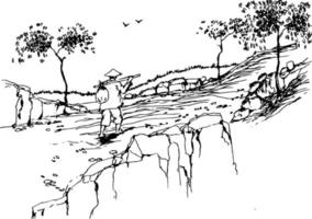 schetsen van een Mens wandelen in de oerwoud vector