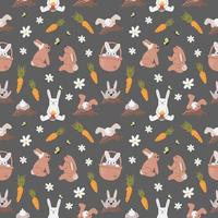 grappig Pasen konijnen patroon Aan grijs achtergrond. schattig verschillend konijntjes met wortels en bloemen naadloos ontwerp. traditioneel symbolen van seizoensgebonden vakantie. hand- getrokken vlak vector illustratie geïsoleerd