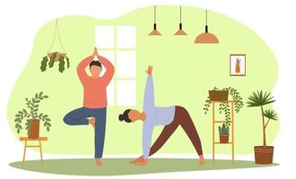 yoga poseert. een vrouw en een Mens zijn verloofd in asana's, gymnastiek. krachtig werkzaamheid voor Gezondheid, flexibiliteit, balans in de familie. vector grafiek.