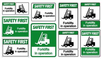 veiligheid eerste heftrucks in bedrijf symbool teken isoleren op transparante achtergrond, vectorillustratie vector