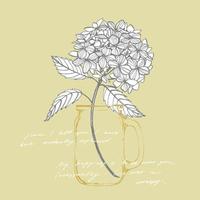 hortensia grafisch illustratie in wijnoogst stijl. bloemen tekening en schetsen met lijn kunst Aan wit achtergronden. botanisch fabriek illustratie. handgeschreven abstract tekst vector