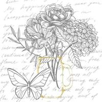 boeket. voorjaar bloemen en takjes. pioenrozen, hortensia, roos. wijnoogst botanisch illustratie. zwart en wit reeks van tekening korenbloemen, bloemen elementen, hand- getrokken botanisch illustratie. vector