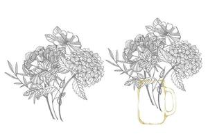 boeket. voorjaar bloemen en takjes. pioenrozen, hortensia, roos. wijnoogst botanisch illustratie. zwart en wit reeks van tekening korenbloemen, bloemen elementen, hand- getrokken botanisch illustratie. vector