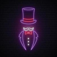 gentleman neon teken. helder bord met cilinderhoed en smoking. vector embleem voor kapperszaak, herenclub en herenkledingwinkel.