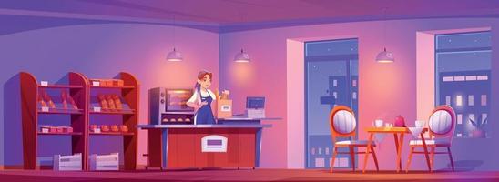 vrouw verkoper werken Bij bakkerij winkel Bij nacht vector