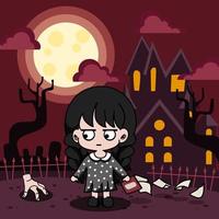 schattig chibi tekenfilm karakter halloween met donker kasteel vector