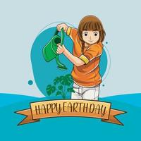 gelukkig aarde dag met een meisje gieter een zonnebloem vector illustratie pro downloaden