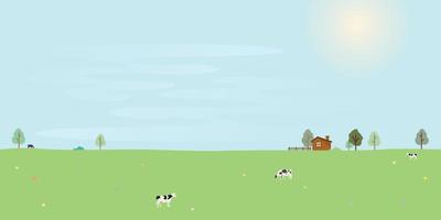 platteland landschap in zomer vector illustratie. vee boerderij en huis Aan heuvel in zonnig dag.