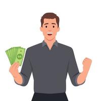 jong zakenman tonen contant geld, geld en maken verheven hand- vuist gebaar teken. persoon Holding valuta notities. mannetje karakter ontwerp illustratie. menselijk emoties vector