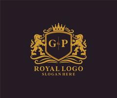 eerste gp brief leeuw Koninklijk luxe logo sjabloon in vector kunst voor restaurant, royalty, boetiek, cafe, hotel, heraldisch, sieraden, mode en andere vector illustratie.