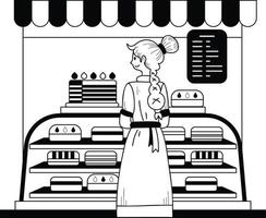 vrouw ondernemer met bakkerij winkel illustratie in tekening stijl vector