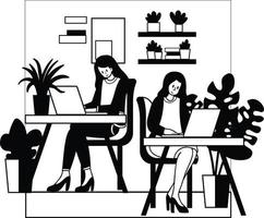 vrouw ondernemer zittend en werken in een cafe illustratie in tekening stijl vector