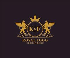 eerste kf brief leeuw Koninklijk luxe heraldisch, wapen logo sjabloon in vector kunst voor restaurant, royalty, boetiek, cafe, hotel, heraldisch, sieraden, mode en andere vector illustratie.